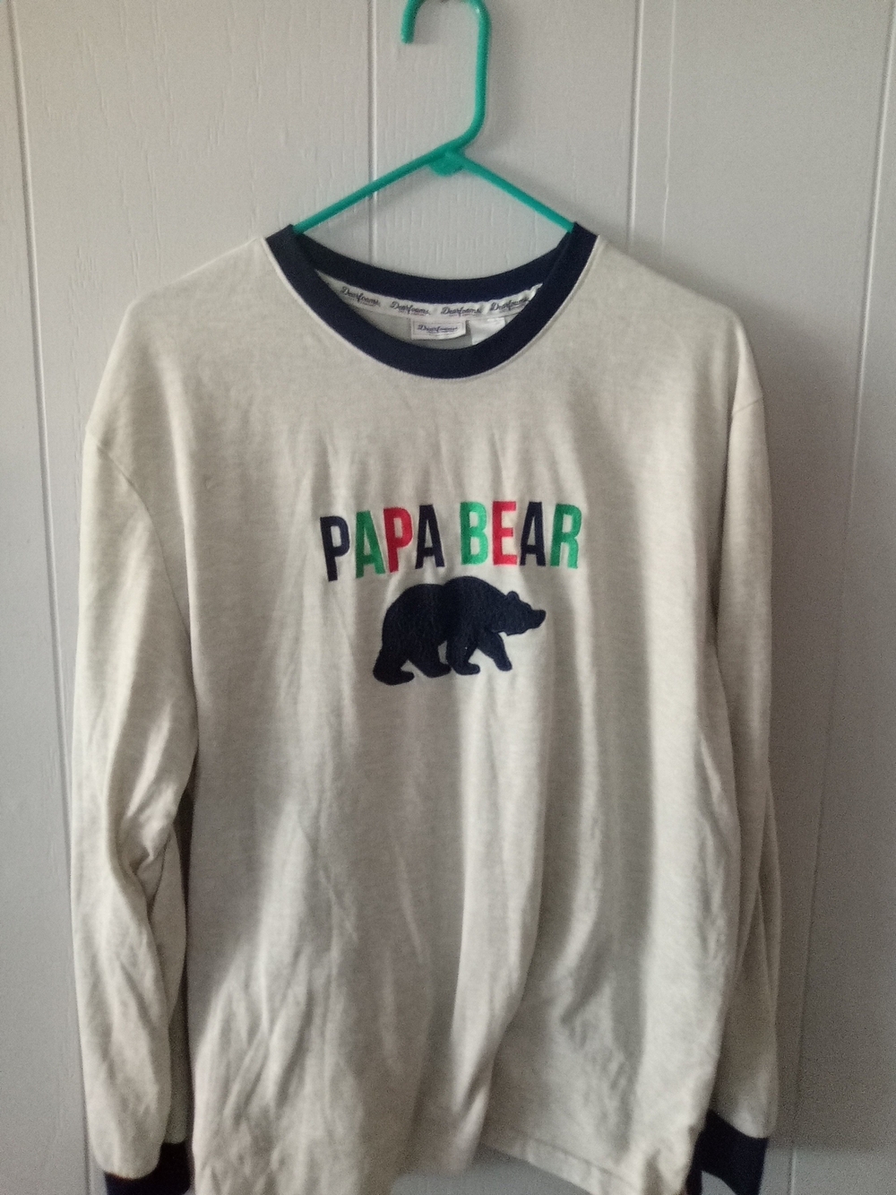 Men's 'Papa Bear' Long Sleeve Pajama Top - Cream with Navy Trim